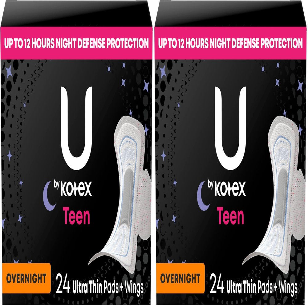 U by Kotex Sanitary Pads, Ultra Thin, Overnight, 48 Count Pack of 2 | Teen | With Wings | Unscented