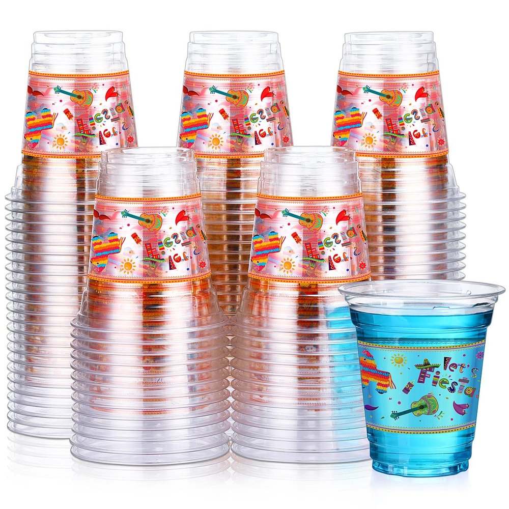 Sumind 100 Pcs 12 oz Let's Fiesta Cups Plastic Mexican Cups Cinco De Mayo Party Decorations Clear Disposable Mug for Fiesta Taco Birthday Party Drinkware Supplies Decorations(Classic Style)