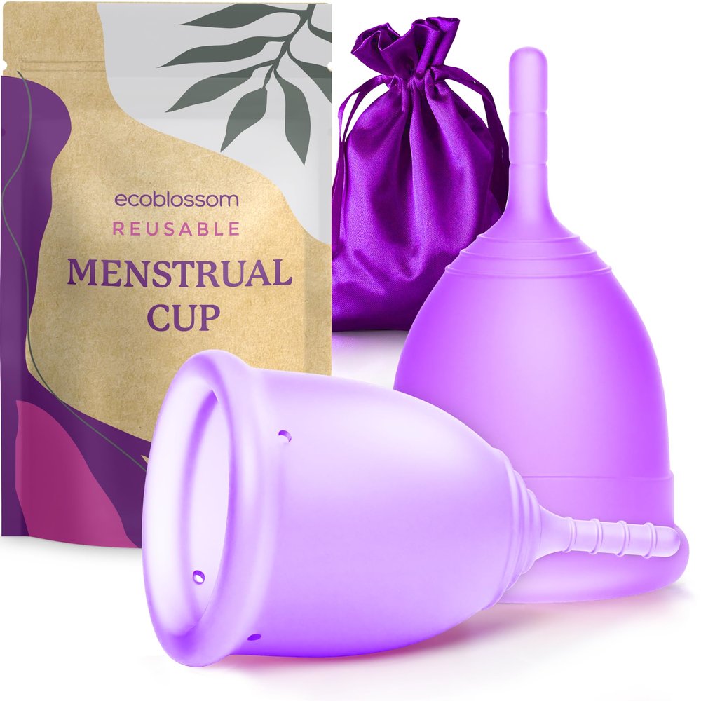 EcoBlossom Menstrual Cup Kit - Tampon, Pad, and Disc Alternative Product - Wear for 12 Hours - Reusable Period Cup/Copa Designed with Soft Flexible Medical-Grade Silicone (Small & Large)