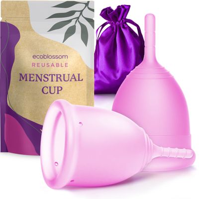 EcoBlossom Menstrual Cup Kit - Tampon, Pad, and Disc Alternative Product - Wear for 12 Hours - Reusable Period Cup/Copa Designed with Soft Flexible Medical-Grade Silicone (Small & Large)