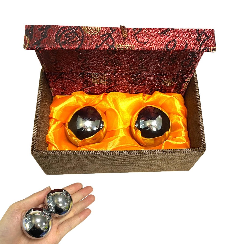 Denpetec 2pcs Baoding Balls Chinese Health Exercise Stress Balls with Box Meditation Massage Handball(Silver,Dia 1.49inch,red Classical Boxed)