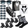 21 Pcs Groomsmen Gifts Set 7 Pairs Black Groomsmen Socks for Men 7 Pieces T Shirt Gift Bags 7 Pairs Sunglasses for Wedding Proposal Bachelor Party view 1