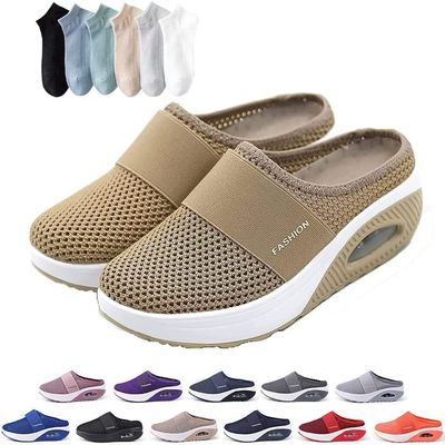 Hopomart Womens Air Cushion Slip-On Walking Shoes Orthopedic Diabetic Slippers,Mesh Breathable with Arch Support Comfort Wedg Slippers (Beige,8.5)