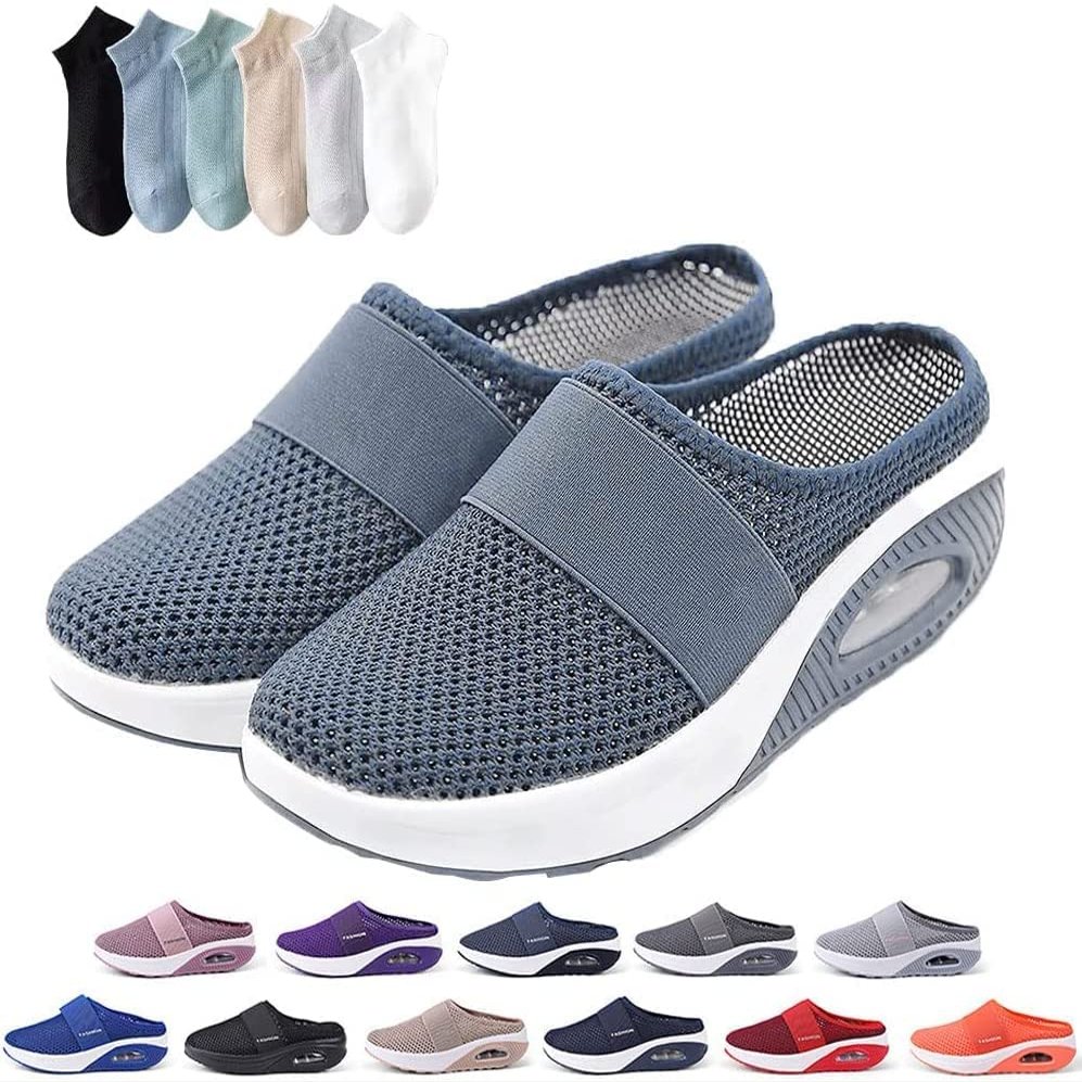 Hopomart Womens Air Cushion Slip-On Walking Shoes Orthopedic Diabetic Slippers,Mesh Breathable with Arch Support Comfort Wedg Slippers (Dark Grey,8.5)