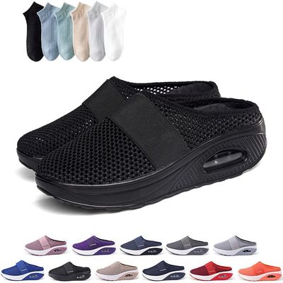 Hopomart Womens Air Cushion Slip-On Walking Shoes Orthopedic Diabetic Slippers,Mesh Breathable with Arch Support Comfort Wedg Slippers (Black,6.5)