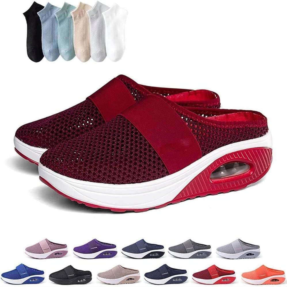 Hopomart Womens Air Cushion Slip-On Walking Shoes Orthopedic Diabetic Slippers,Mesh Breathable with Arch Support Comfort Wedg Slippers (Dark Red,6.5)