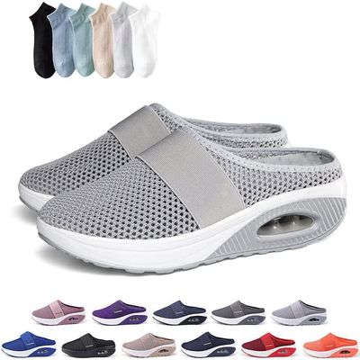 Hopomart Womens Air Cushion Slip-On Walking Shoes Orthopedic Diabetic Slippers,Mesh Breathable with Arch Support Comfort Wedg Slippers (Light Grey,9.5)