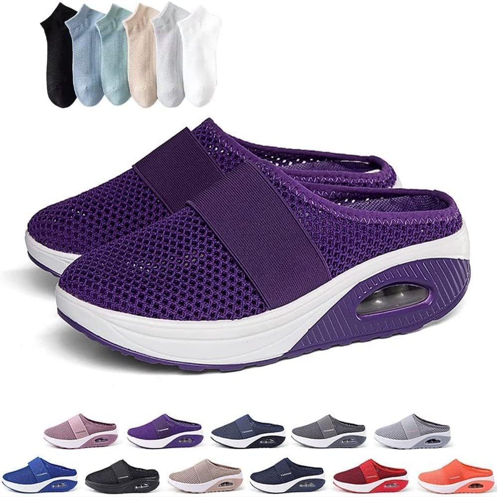 Womens Air Cushion Slip-On Walking Shoes Orthopedic Diabetic Slippers,Mesh Breathable with Arch Support Comfort Wedg Slippers (Purple,8)