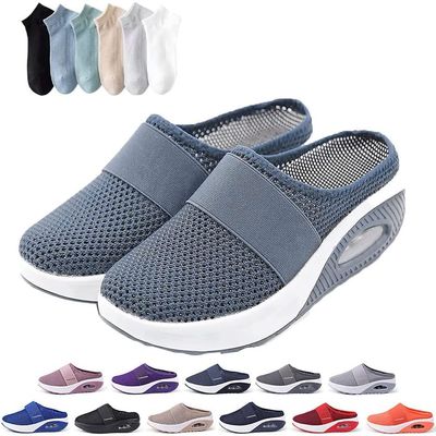 Hopomart Womens Air Cushion Slip-On Walking Shoes Orthopedic Diabetic Slippers,Mesh Breathable with Arch Support Comfort Wedg Slippers (Dark Grey,7.5)