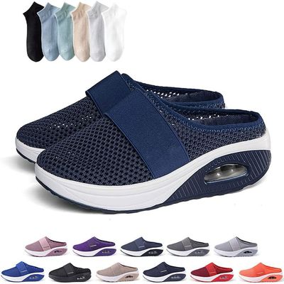Hopomart Womens Air Cushion Slip-On Walking Shoes Orthopedic Diabetic Slippers,Mesh Breathable with Arch Support Comfort Wedg Slippers (Dark Blue,5.5)
