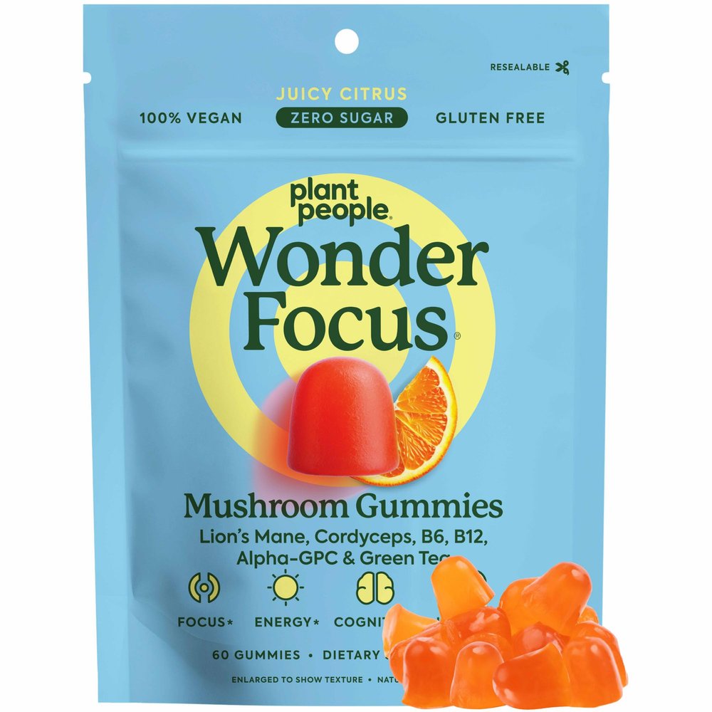 Plant People WonderFocus Mushroom Gummies with Lions Mane & Cordyceps - Nootropic Brain Supplement Boosts Memory, Focus, Energy & Mood in Adults | No Sugar, 100% Vegan, Citrus Flavor, 60 Count