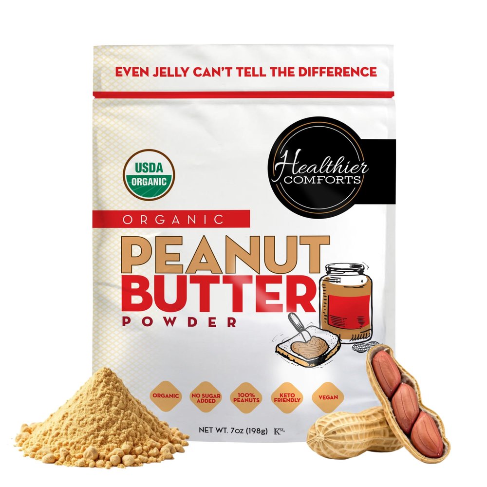 Healthier Comforts Organic Peanut Butter Powder | USA Grown and Processed | Gluten Free, Vegan, Kosher, Keto-Friendly | No Added Sugars, Low Sodium | Perfect For Protein Powder Shakes, Smoothies and Baking (7 oz)