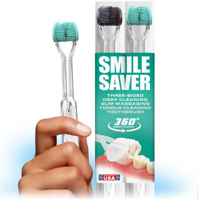 Smile Saver 360 3-Sided Toothbrush | 3X Clean Two-Pack | Gum Massage Triple Deep Clean Ultra Soft Replacement Heads Tongue Scraper Sustainable Sensory Gift Oral Health Care Travel Three Made in USA
