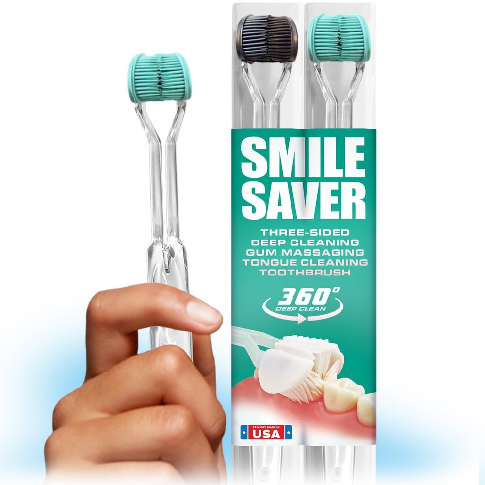 Smile Saver 360 3-Sided Toothbrush | 3X Clean Two-Pack | Gum Massage Triple Deep Clean Ultra Soft Replacement Heads Tongue Scraper Sustainable Sensory Gift Oral Health Care Travel Three Made in USA