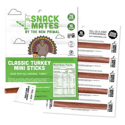 The New Primal Snack Mates Turkey Sticks, Gluten Free Healthy Snacks for Kids, Low Sugar High Protein Back to School Snacks, Mini Paleo Jerky Meat Stick, 7g Protein, 45 Calories, 10 Pack