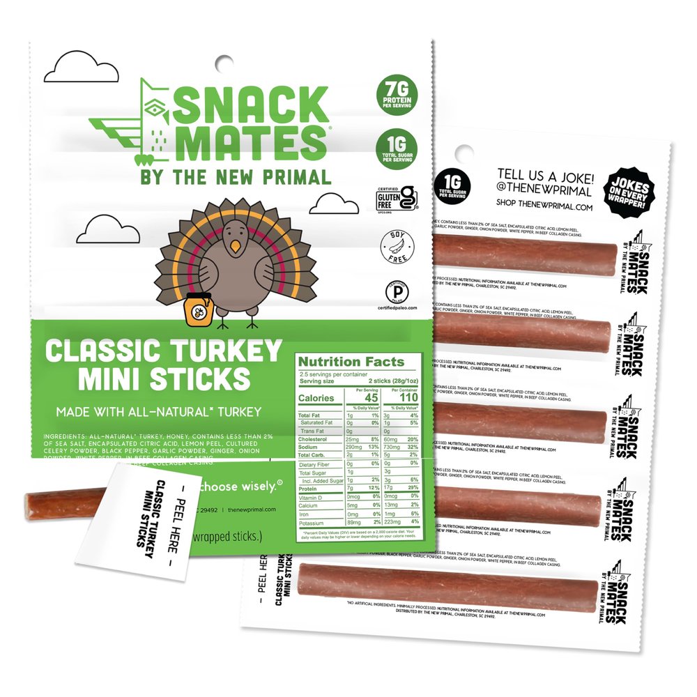 The New Primal Snack Mates Turkey Sticks, Gluten Free Healthy Snacks for Kids, Low Sugar High Protein Back to School Snacks, Mini Paleo Jerky Meat Stick, 7g Protein, 45 Calories, 10 Pack