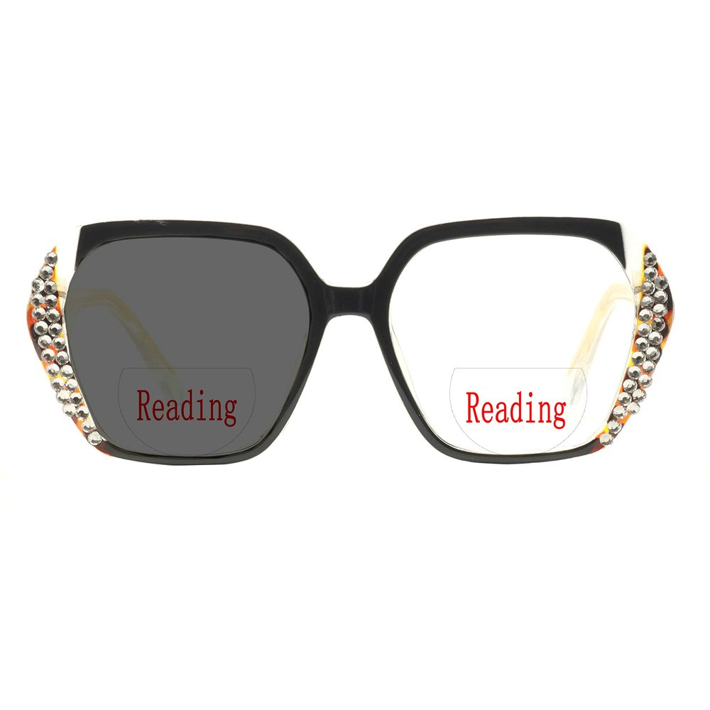 Transition Photochromic Bifocal Reading Glasses for Women Cat Eye Bling Rhinestone Crystal reader sunglasses (black, 1.25, multiplier_x)