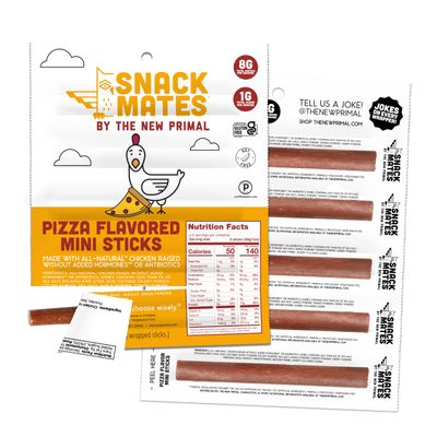 New Primal Snack Mates Pepperoni Pizza Chicken Sticks, Gluten Free Healthy Snacks for Kids, Low Sugar High Protein Back to School Snacks, Mini Paleo Jerky Meat Stick, 8g Protein, 50 Calories, 10 Pack