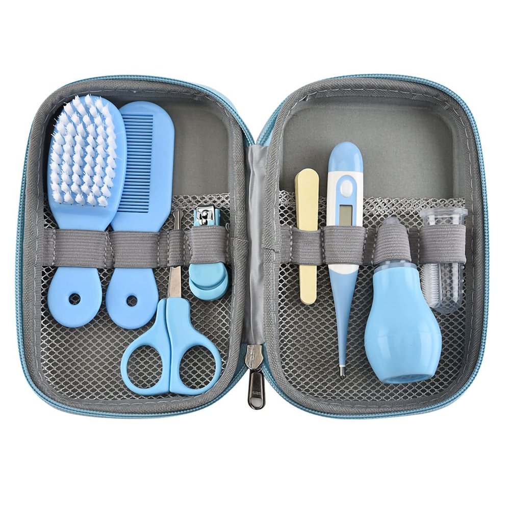8 in 1 Infants Infant Grooming Kit, with Hair Brush Nail Clipper Nose Cleaner Finger Toothbrush Scissor Newborn Care Keep healthe and Cleanse Newborn(Blue)