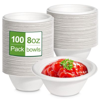 Groecycle 8 oz Small Disposable Bowls, 100 Pack Compostable Paper for Ice Cream, Snack, Biodegradable Made of White Bagasse