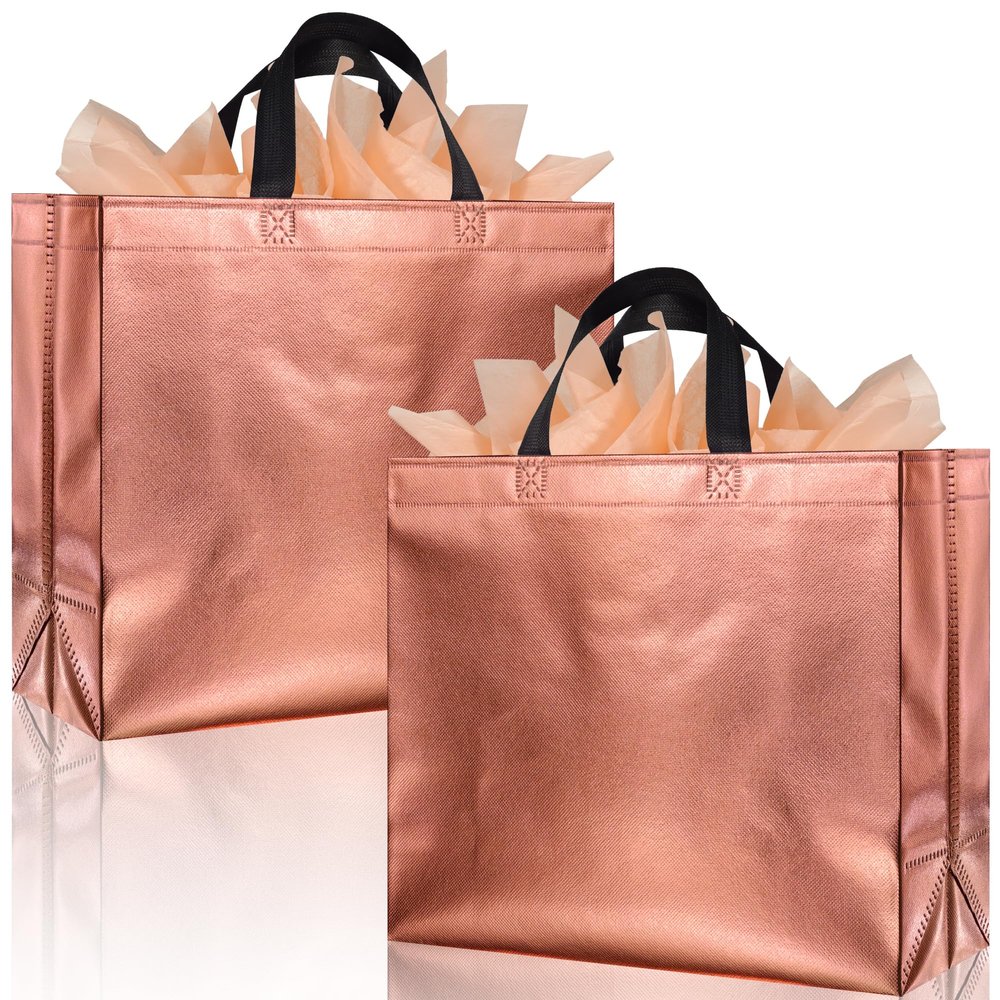 BLEWINDZ 18 Large Size Reusable Wedding Party Favor Bags with Tissues - Shiny Goodie Bags for Birthday, Baby Shower, Christmas (Rose Gold)