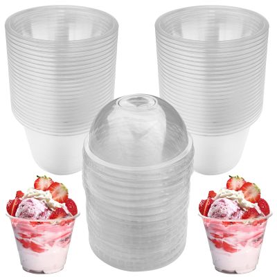 Rainmae 50-Pack Disposable Clear Plastic Cups with Dome Lids, 180ml/6oz Crystal PET Dessert Cups for To Go Iced Coffee Cold Drinks, Smoothie, Bubble Boba Tea, Juice, Parfait, Frappuccino, Milkshake