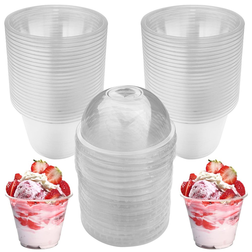 Rainmae 50-Pack Disposable Clear Plastic Cups with Dome Lids, 180ml/6oz Crystal PET Dessert Cups for To Go Iced Coffee Cold Drinks, Smoothie, Bubble Boba Tea, Juice, Parfait, Frappuccino, Milkshake