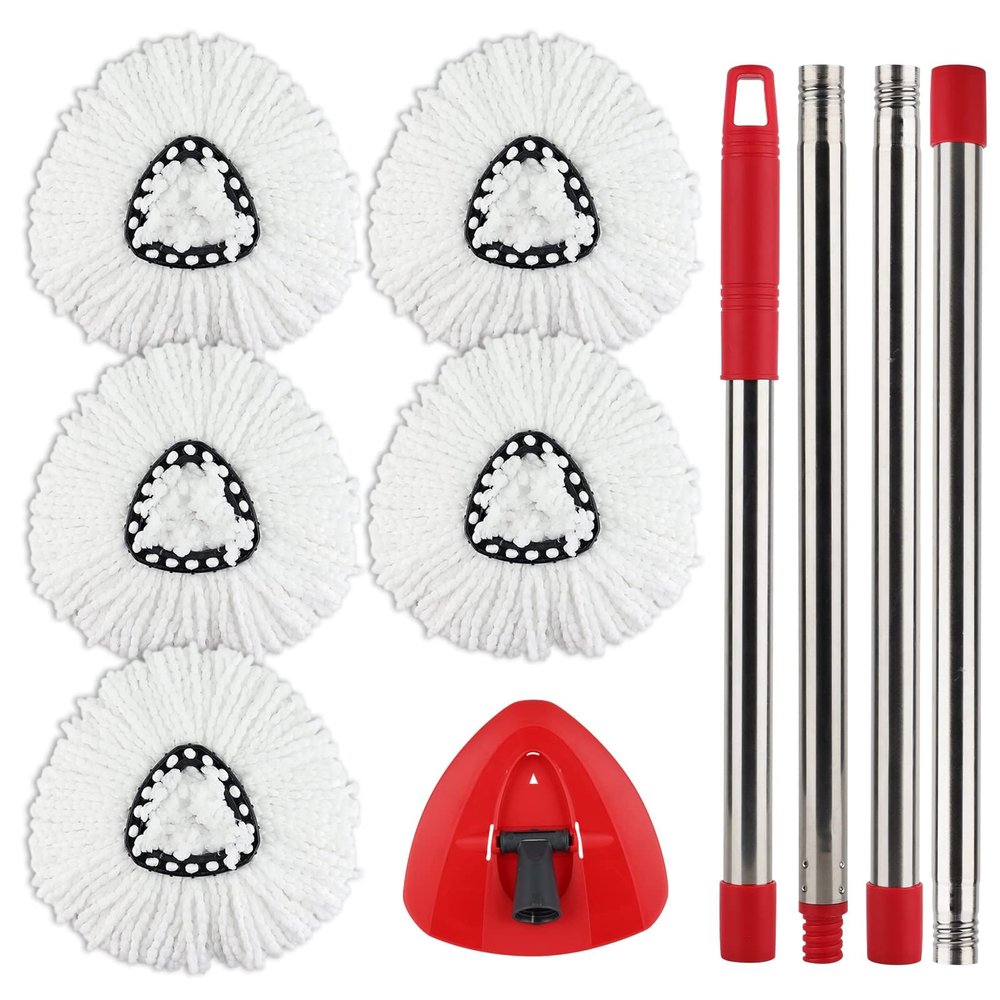 Spin Mop Handle,Head,Base Replacement Compatible with Easywring Microfiber Spin Mop - Replace 30-58in Stick/Pole+5Head Refill+1Base for Easy Wring Spinning Mop Only 1Tank System