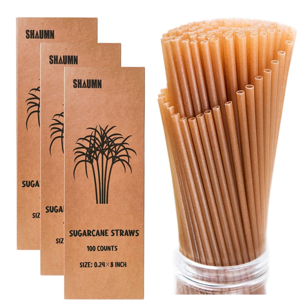 300pcs Sugarcane Straws 8 Inch Compostable Biodegradable Eco-Friendly Drinking Straws Plasticless Sturdy Smoothie Straws Not Foggy Packed by 100 Count per box(3 packs)