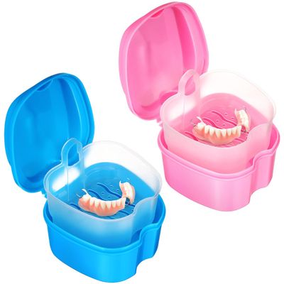 rosenice Portable Denture Case Set with Strainer Basket 2 Pack Compact Travel Denture Container Lightweight Retainer Holder for Cleaning and Storage 3.77X3.54X2.67In