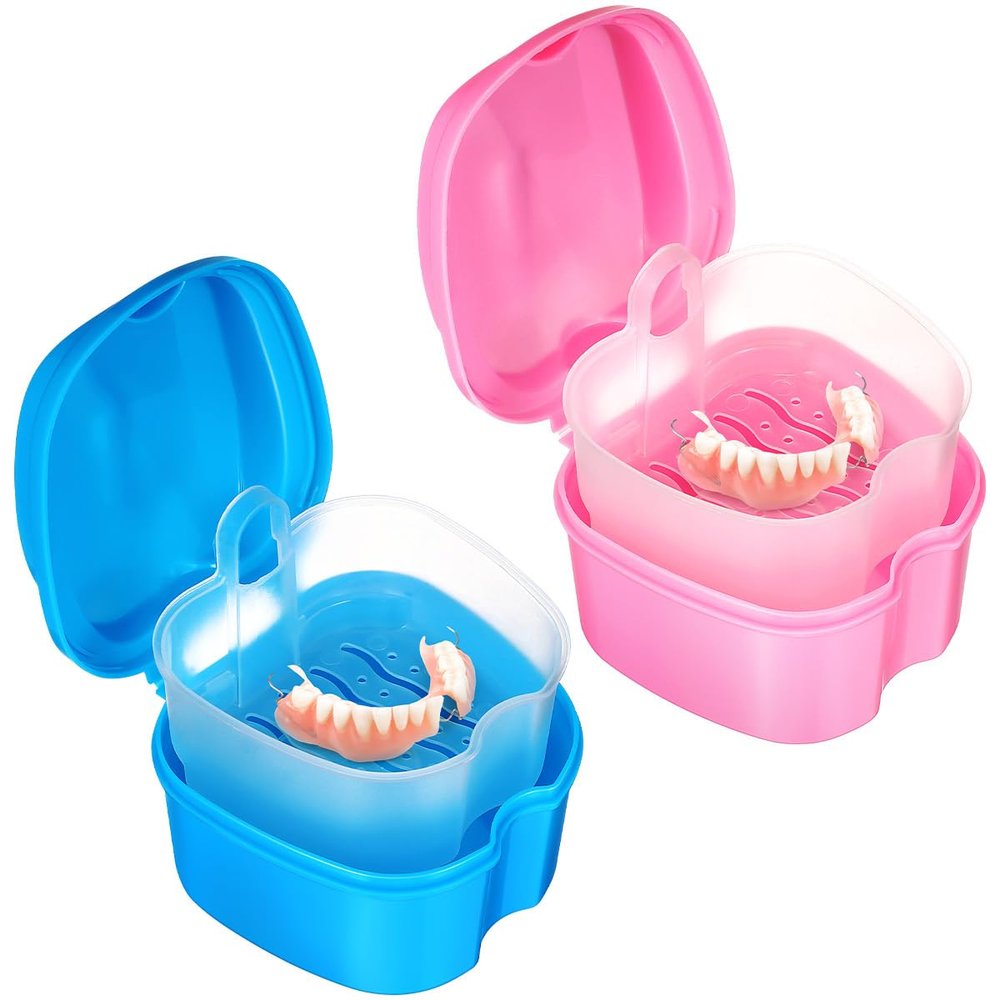 rosenice Portable Denture Case Set with Strainer Basket 2 Pack Compact Travel Denture Container Lightweight Retainer Holder for Cleaning and Storage 3.77X3.54X2.67In