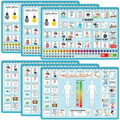 6 Pcs Communication Board for Nonverbal Adults Aphasia Colorful Picture Symbol Communication Cards for Patients Children(Blue)