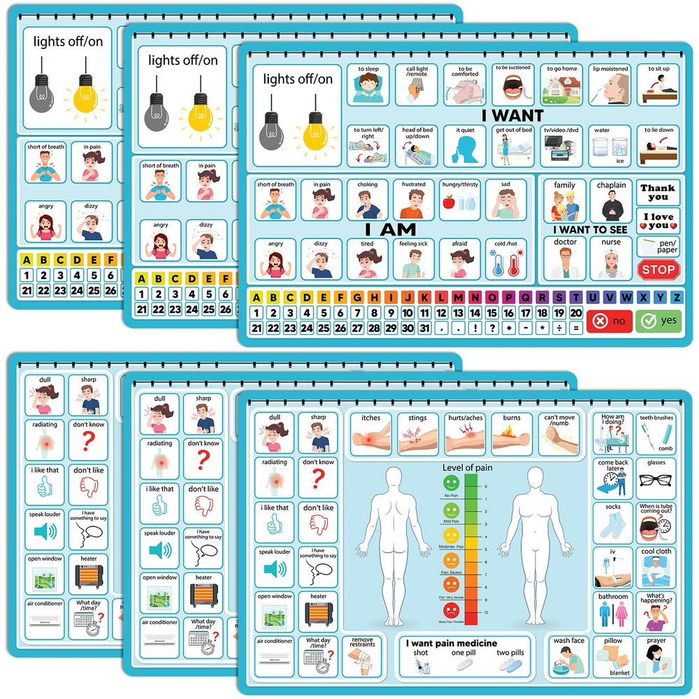 6 Pcs Communication Board for Nonverbal Adults Aphasia Colorful Picture Symbol Communication Cards for Patients Children(Blue)