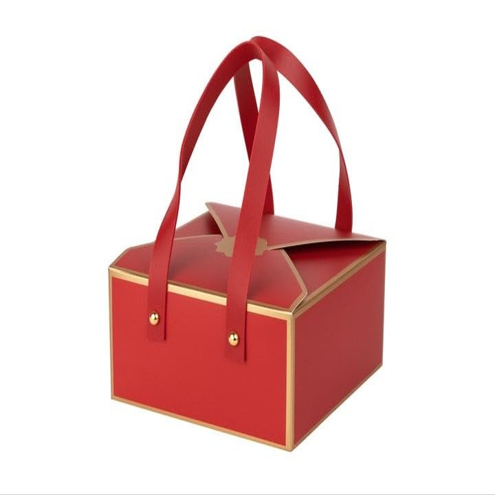 Hammont Gift Boxes - 4 Pack of Gift Boxes with Faux Leather Handles - Cookie Boxes - Versatile Gift Boxes for Presents - Elegant Box for Cakes Candy | Jewelry | Chocolates (6"x6"x3" (Red))