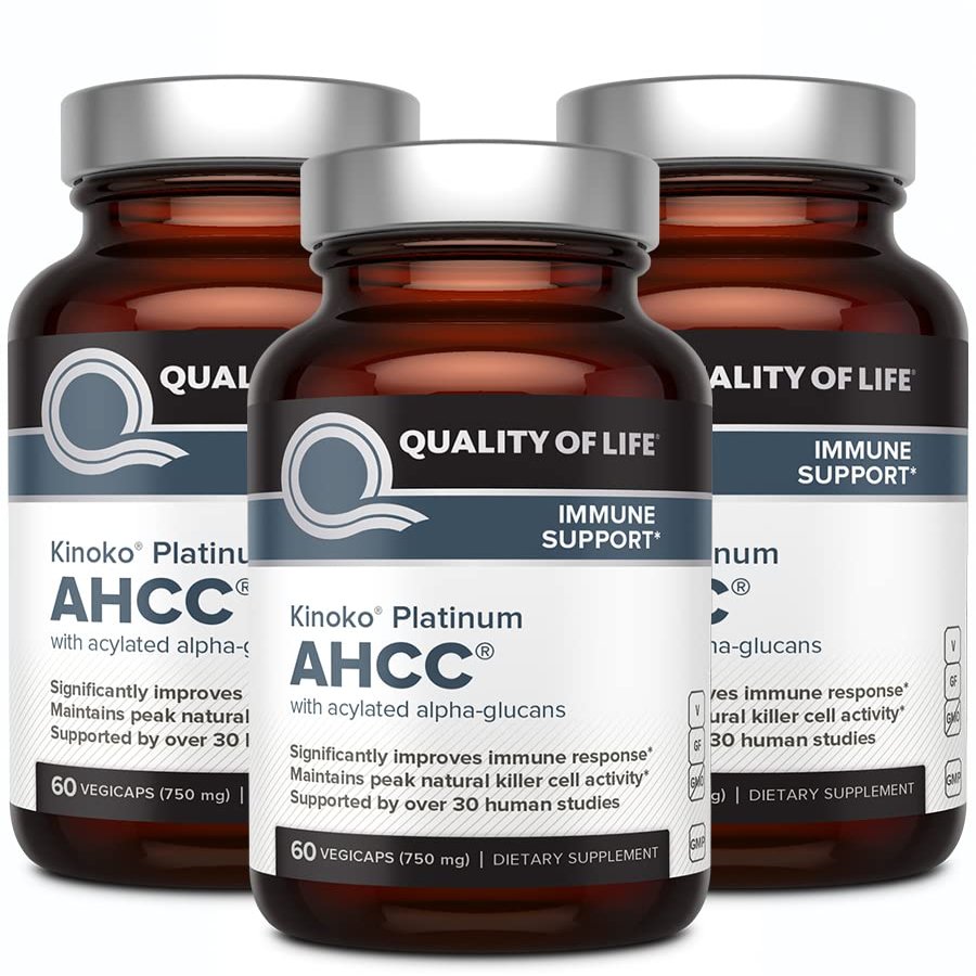 Quality of Life AHCC Kinoko Platinum 750 mg  Premium Immune Support Supplement, Pack of 3-60 Count Bottles