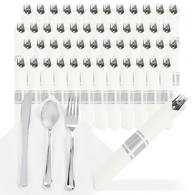 Spec101 Silver Plastic Silverware Sets for Parties Set of 300 - Pre Rolled Disposable Cutlery Individually Wrapped Plastic Utensils Set with Napkins for Weddings, Anniversaries, and Events