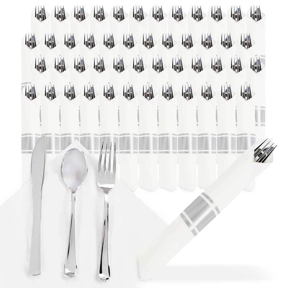 Spec101 Silver Plastic Silverware Sets for Parties Set of 300 - Pre Rolled Disposable Cutlery Individually Wrapped Plastic Utensils Set with Napkins for Weddings, Anniversaries, and Events