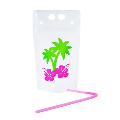 Fun Express 25 Pieces Luau Party Collapsible Plastic Drink Pouches with Straws, Holds 16 oz, BPA Free Plastic, Party Supplies, Multi-Color