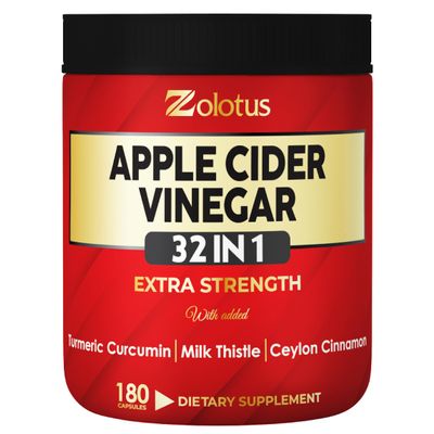 Zolotus 32in1 Apple Cider Vinegar Capsules with Turmeric, Cinnamon, Milk Thistle, Elderberry, Quercetin & More for Supports Digestion, Immune - 180 Capsules