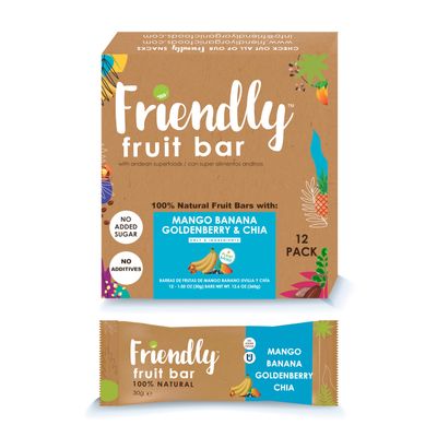 Friendly Fruit Bar | Banana, Mango, Goldenberry, and Chia | (12 pack);1.05 ounces | Healthy Natural Snack, Energetic, Plant Based, Non - GMO, Vegan, No Added Sugar, Kosher, Gluten Free.