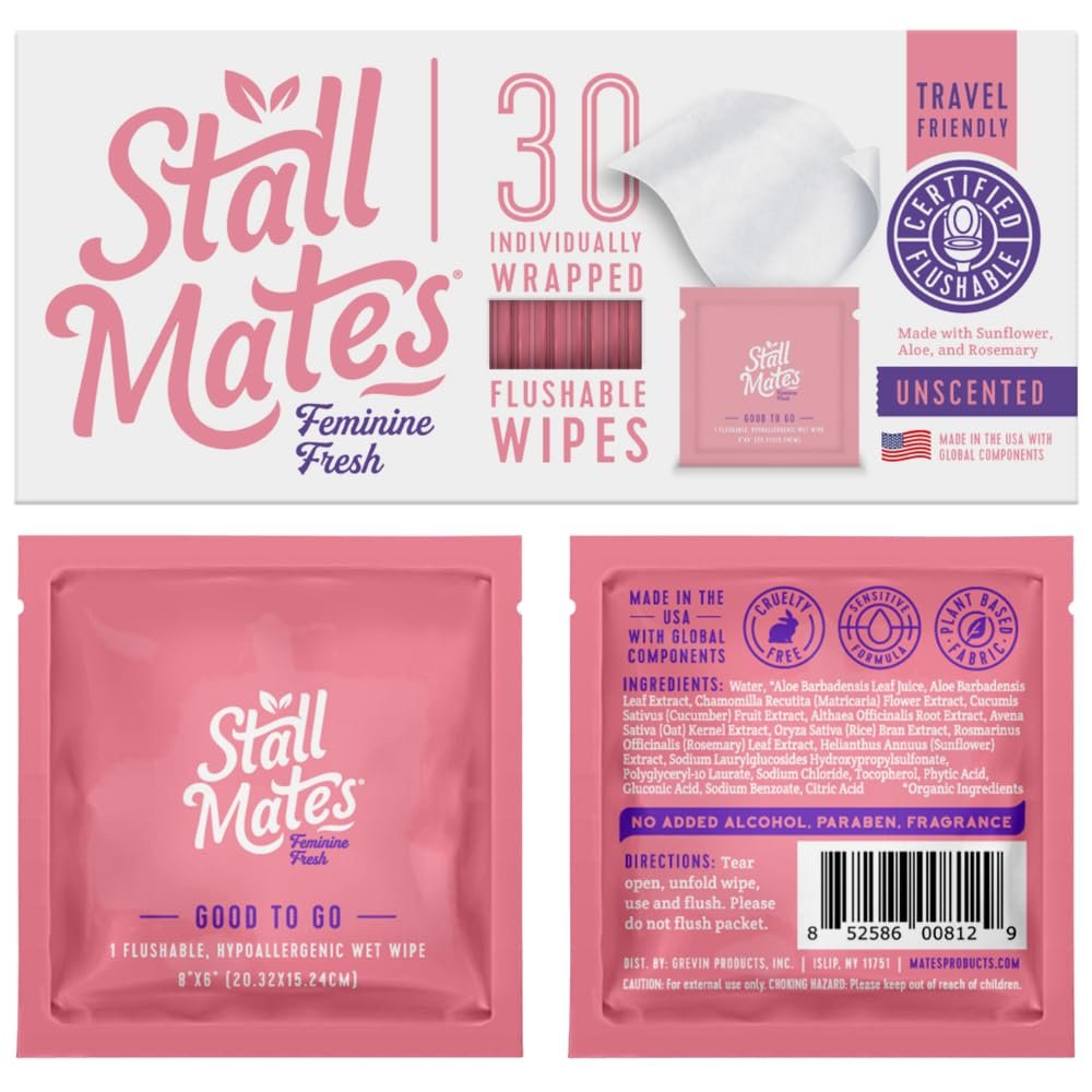 Stall Mates Feminine Fresh - Flushable Wipes, Individually Wrapped Cleansing Travel Friendly PH balanced Unscented with Sunflower, Rosemary and Aloe (30 on-the-go singles)