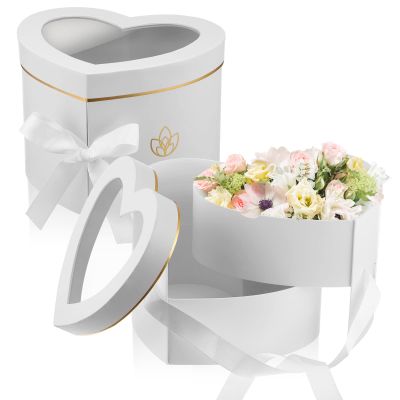 Nuanchu 2 Pcs Valentines Day Heart Shaped Flower Box with Transparent Window Paper Floral Boxes with Lids Ribbons Double Layers Rotating Gift Box for Arrangements, 9.1 x 7.9 x 6.5 Inch(White)