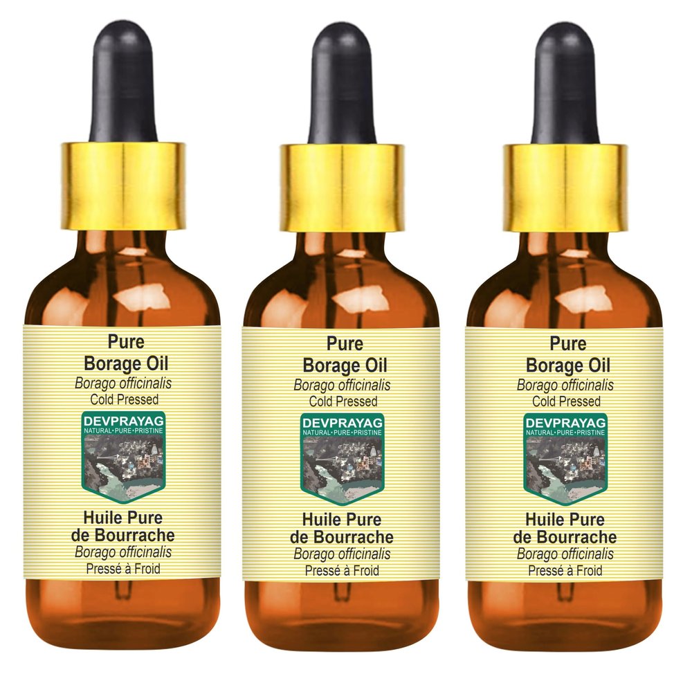 DEVPRAYAG Pure Borage Oil (Borago officinalis) with Glass Dropper Cold Pressed (Pack of Three) 100ml X 3 (10 oz)