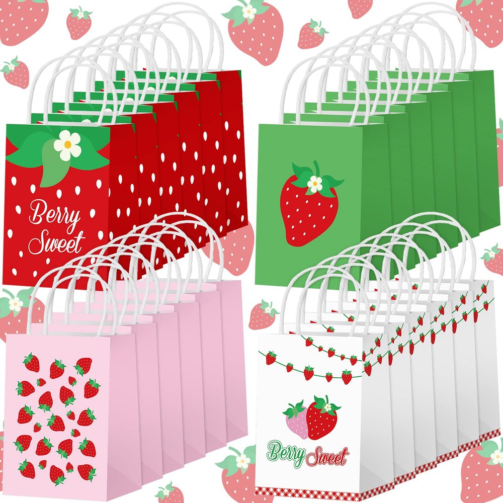 Outus 24 Pcs Strawberry Party Favor Bags Summer Strawberry Gift Bags Cute Strawberry Goodie Candy Paper Bags with Handles for Kids Berry First Birthday Party Supplies Baby Shower Wedding Decoration