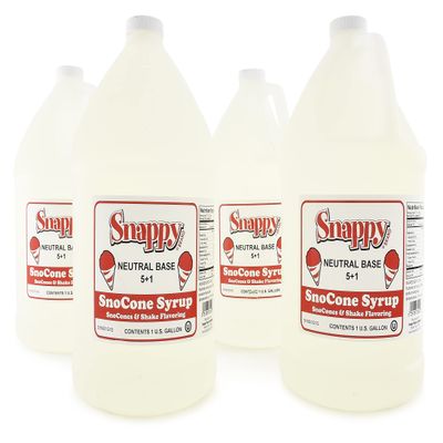 Snappy Neutral Base Sno Cone Syrup, 4-1 Gallon Size (128 ounces) of Concentrate, Ready to Use Snow Cone Machine Syrup, Syrup for Shaved Ice & Slushies, Icee Syrup for Mixing