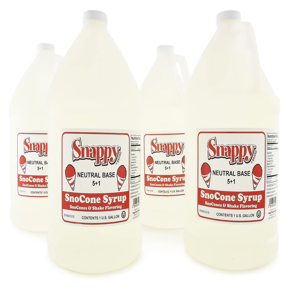Snappy Neutral Base Sno Cone Syrup, 4-1 Gallon Size (128 ounces) of Concentrate, Ready to Use Snow Cone Machine Syrup, Syrup for Shaved Ice & Slushies, Icee Syrup for Mixing