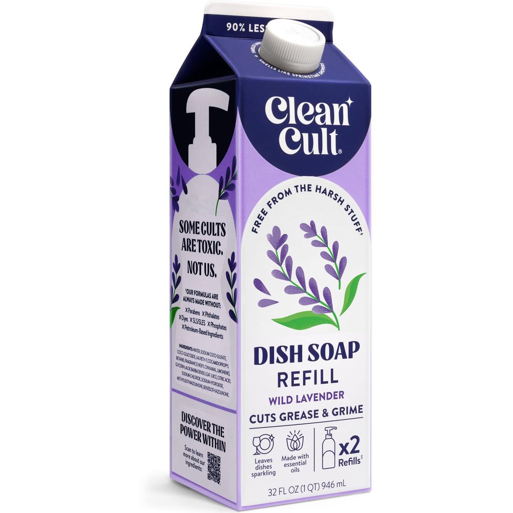 Cleancult Dish Soap Liquid Refill (32oz, 1 Pack) - Plant Based Cleaning Power - Dish Soap that Cuts Grease & Grime - Free of Harsh Chemicals - Uses 90% Less Plastic - Wild Lavender
