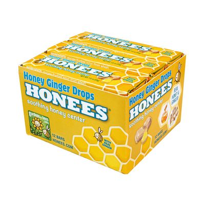 Honees Filled Honey Ginger Drops, Natural Cough Drops- Pure Ginger Sore Throat Relief - Nothing Artificial -Throat Coat Lozenges, Natural Cough Suppressant, Non-GMO (12 Pack  108 Drops)