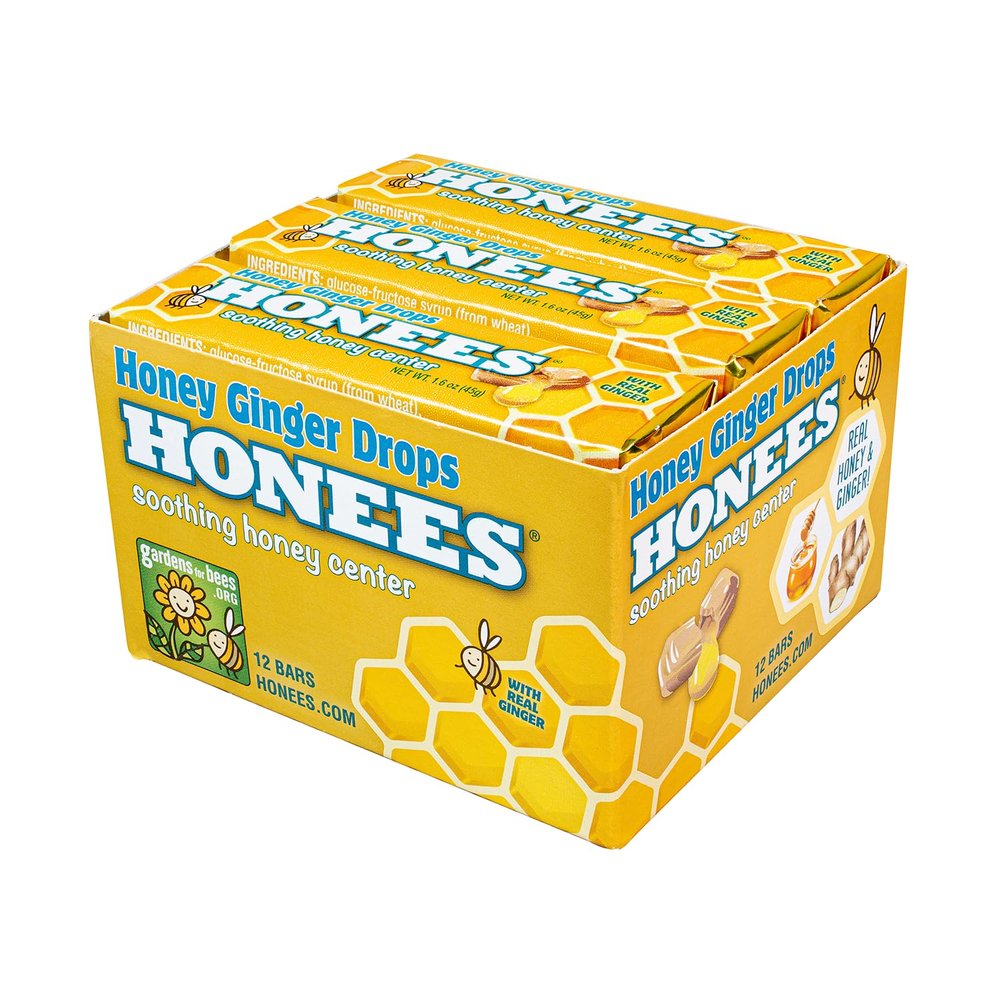 Honees Filled Honey Ginger Drops, Natural Cough Drops- Pure Ginger Sore Throat Relief - Nothing Artificial -Throat Coat Lozenges, Natural Cough Suppressant, Non-GMO (12 Pack  108 Drops)