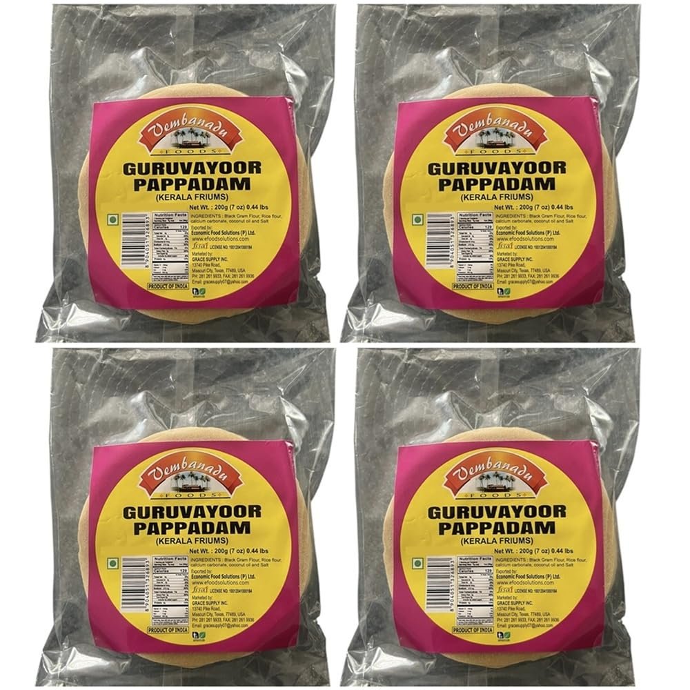 Kerala Guruvayoor Pappadam Lentil Fryums Snack 800gms PACK OF 4 Vembanadu Spicerange.com